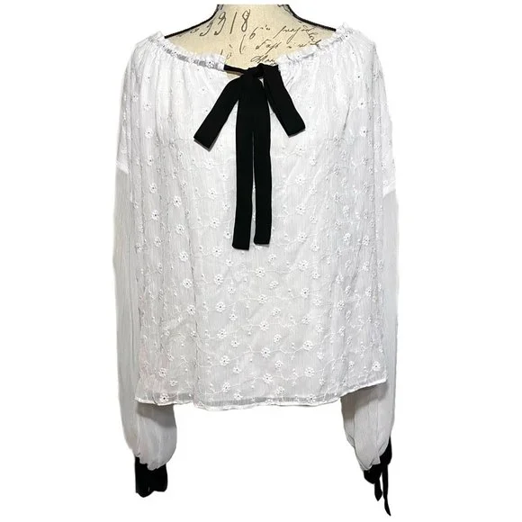 SOLD! CeCe Tie Neck & Cuffs Floral Eyelet Top In Soft Ecru size PL White - Picture 2 of 8